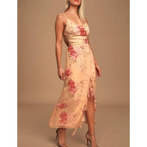 Lulus Lunch in The Vineyard Peach Floral Print Ruffled Midi Dress
